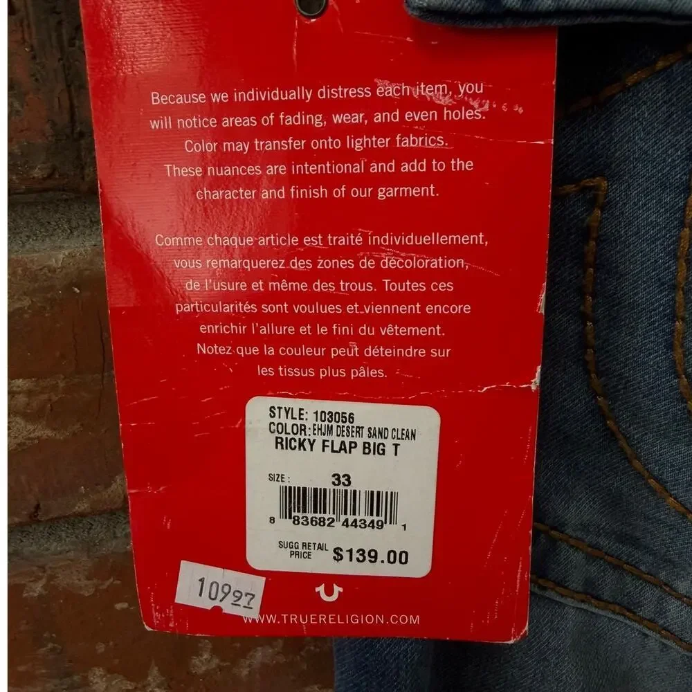 True Religion Ricky Big T Flap Pocket Jeans Size 33 NEW Desert Sand Clean